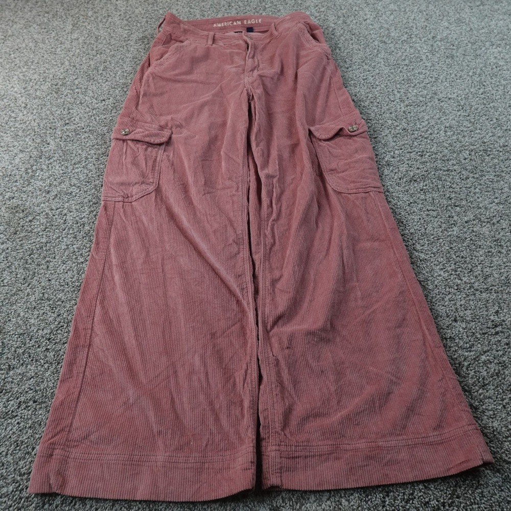 American Eagle Pants Womens 8 Pink Corduroy High Rise Baggy Wide Leg Cargo Boho‎